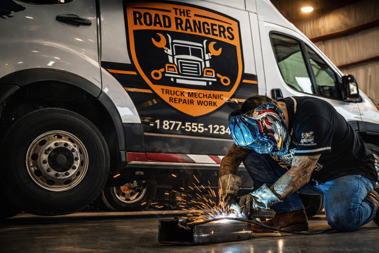 Professional mechanic working on heavy-duty truck
